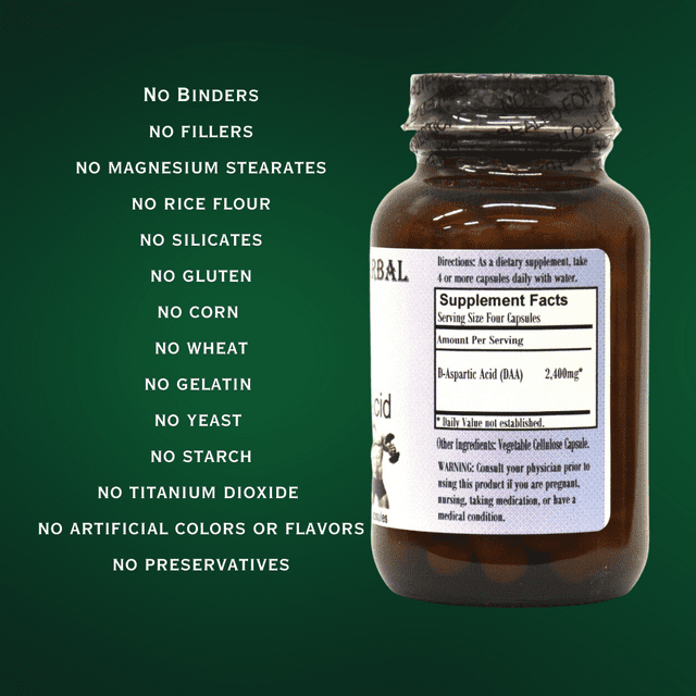 D-Aspartic Acid - DAA - 60 600mg VegiCaps - Stearate Free, Bottled in Glass