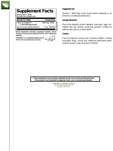 Activated B12 Folate Lozenges Methylcobalamin Metafolin Folate L-5-MTHF  60 Fast-Dissolving Tablets