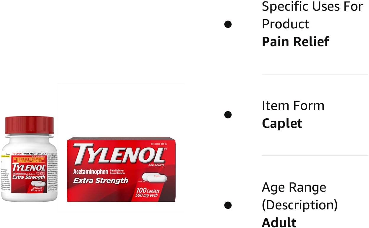 Tylenol Extra Strength Caplets with  Acetaminophen Pain Reliever Fever Reduce 100 Count