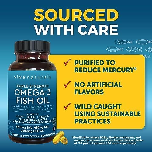 Viva Naturals Triple Strength Omega 3 Fish Oil Supplement - 2200 mg Wild Caught and Suplment 90 count