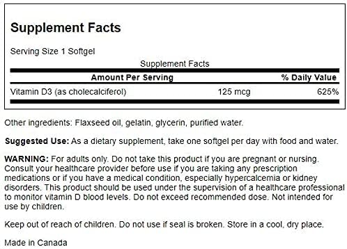 Swanson Vitamin D-3 5000 IU Bone Health Immune 250 Softgels Count