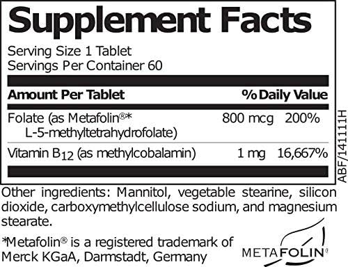 Activated B12 Folate Lozenges Methylcobalamin Metafolin Folate L-5-MTHF  60 Fast-Dissolving Tablets