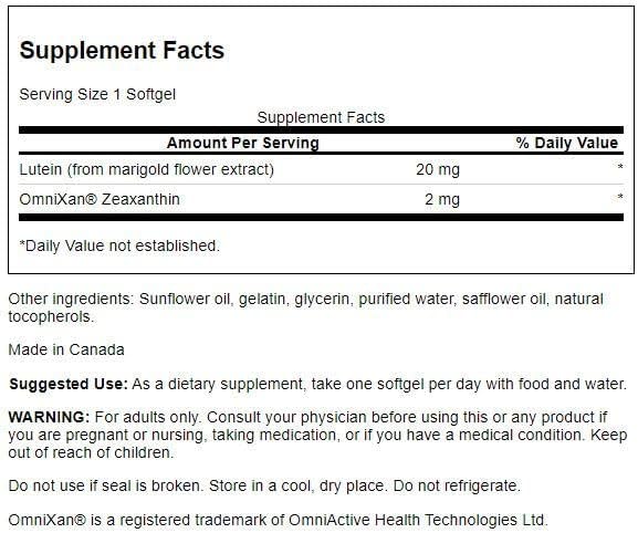 Swanson Lutein & Zeaxanthin Synergistic Eye Health Vision 60 Softgels