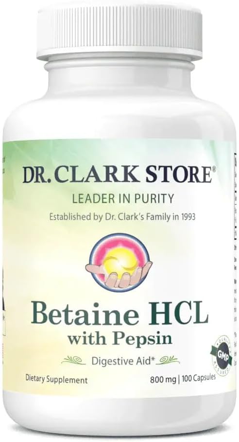 Dr. Clark Betaine HCL Supplement with Pepsin, 800mg, 100 Gelatin Capsules