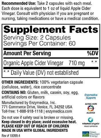 Enzymedica, Apple Cider Vinegar, Healthy Weight and Digestive Support, 120 Count