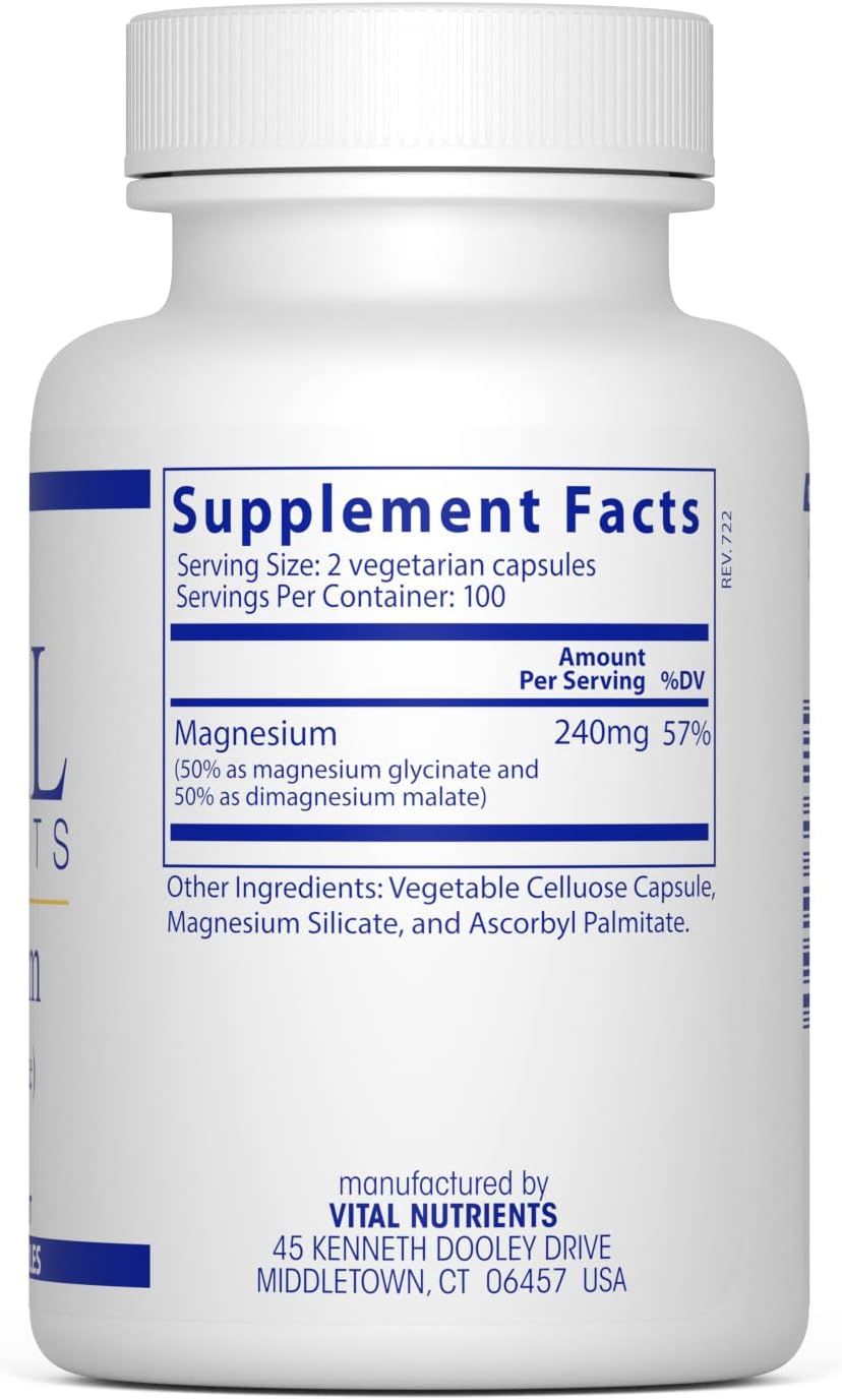 Vital Nutrients Magnesium Glycinate and Malate 200 Vegetarian Capsules