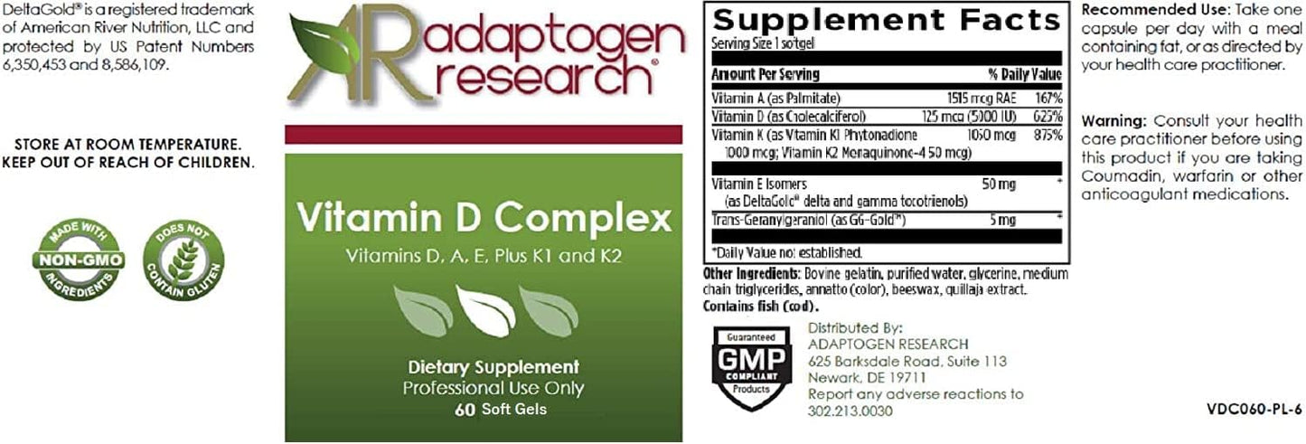 Adaptogen Research  Vitamin D Complex with Vitamin A, E , K1 + K2  Fat Soluble Vitamins Blend - 60 Softgels |