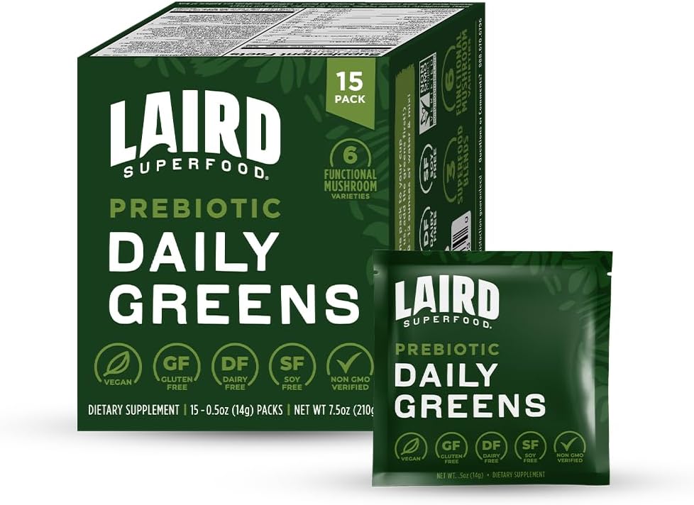 Laird Superfood Prebiotic Daily Greens Powder Pack of 15 Single Serve Sachets