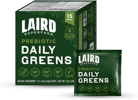 Laird Superfood Prebiotic Daily Greens Powder Pack of 15 Single Serve Sachets