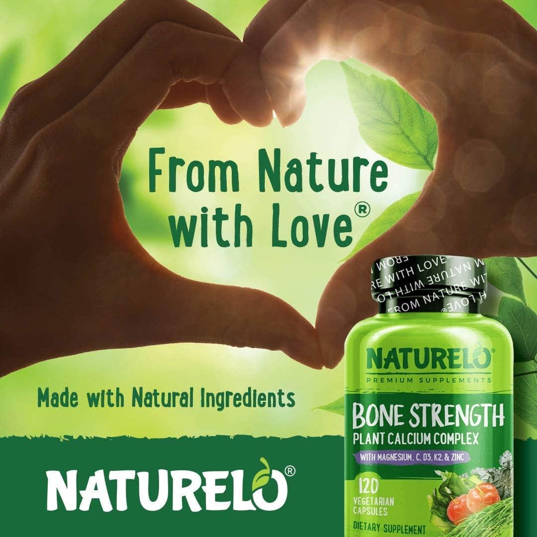 NATURELO Bone Strength - Plant-Based Calcium, Magnesium, Potassium, Vitamin D3, VIT C, K2- 120 capsules