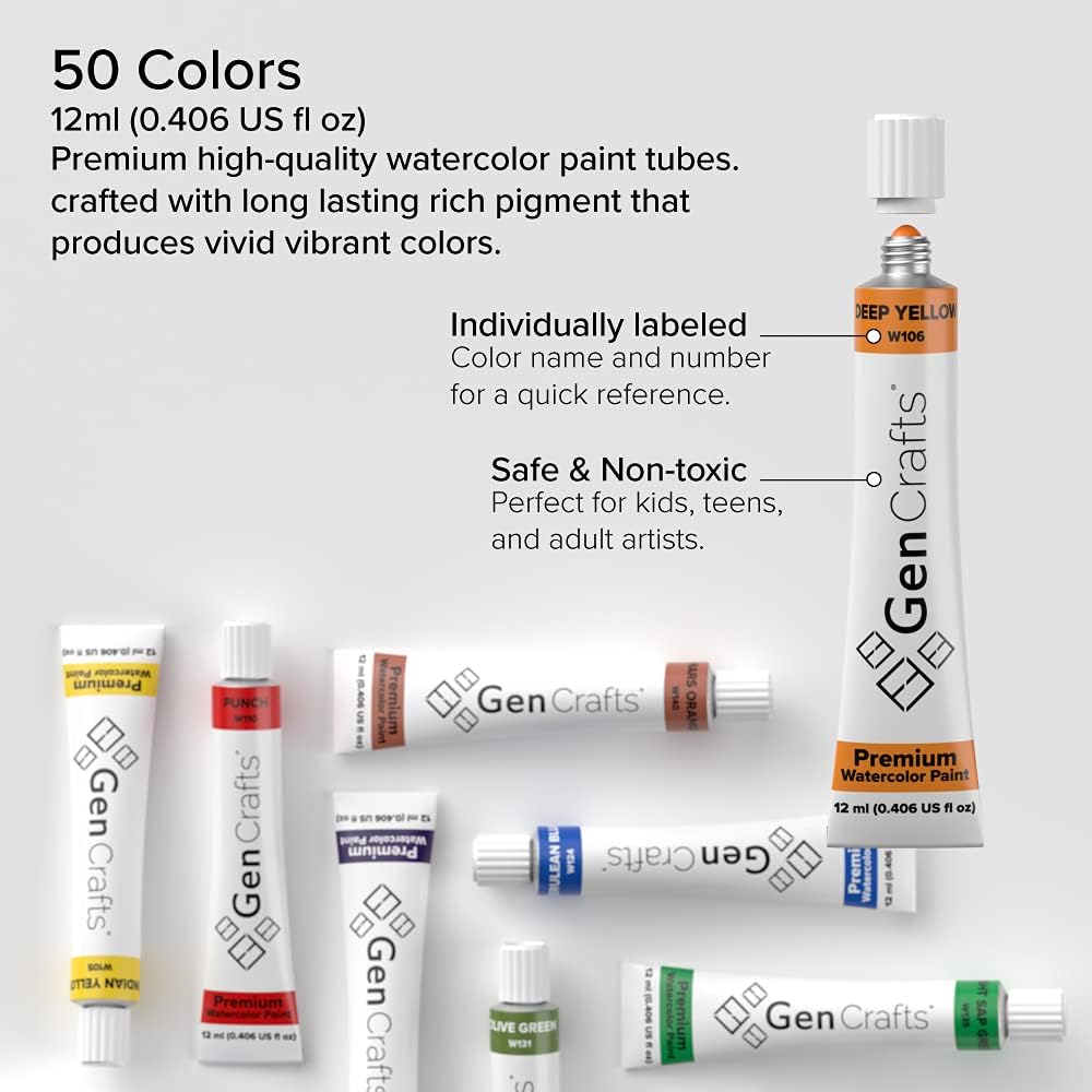 GenCrafts Watercolor Paint 50 Colors Set 12ml