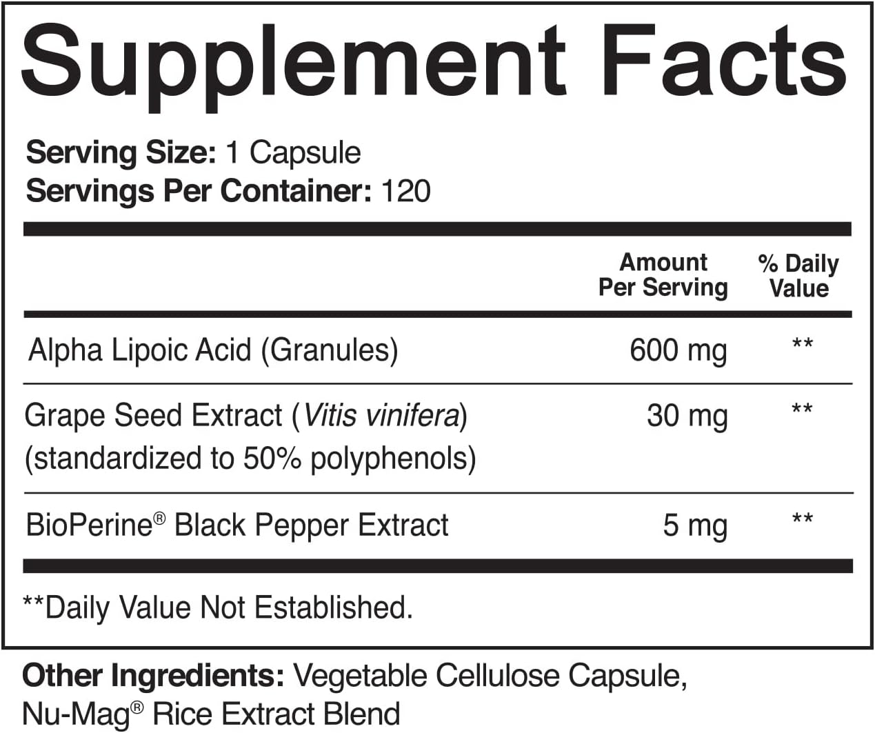 NutriFlair Alpha Lipoic Acid 600mg, 120 Capsules