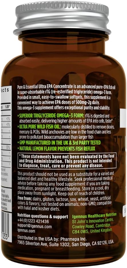 Pure & Essential Ultra Pure EPA Omega-3 Concentrate  500 mg, Wild Fish Oil,  90 Softgels