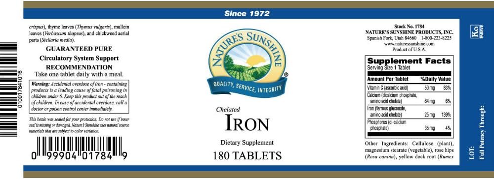 Nature's Sunshine Iron-Chelated 25mg, 180 Tablets