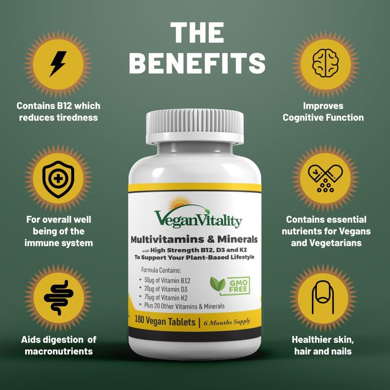 Vegan Multivitamins & Minerals High Strength Vitamin B12, D3 & K2. 180 count