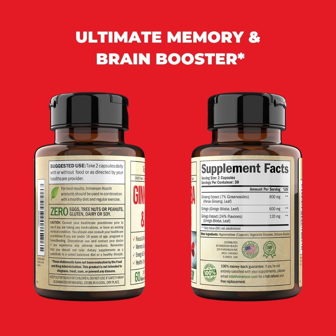 Ginseng + Ginkgo Biloba Supplements. Extra Strength Nootropics Brain Support 120mg