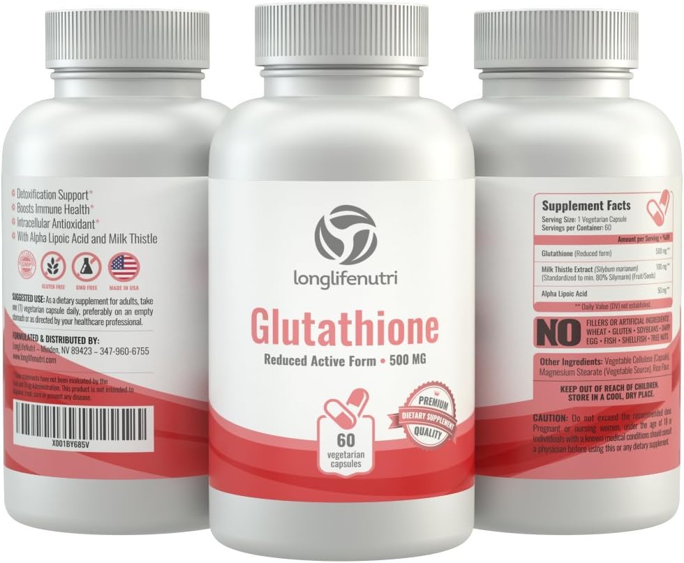 LongLifeNutri Reduced L Glutathione  GSH - 60 Veg Caps