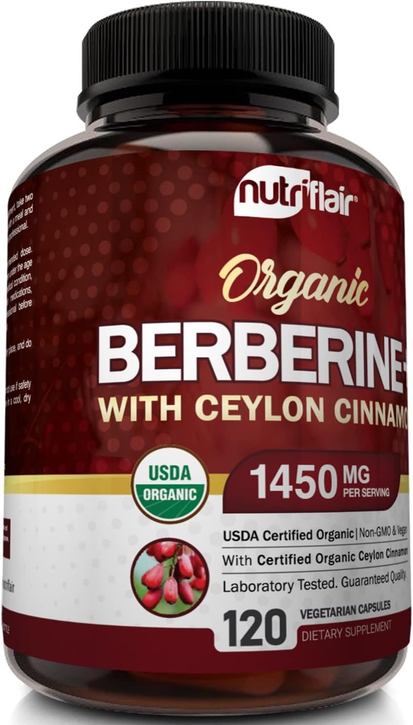 NutriFlair Organic Berberine with Ceylon Cinnamon 1450mg, 120 Capsules