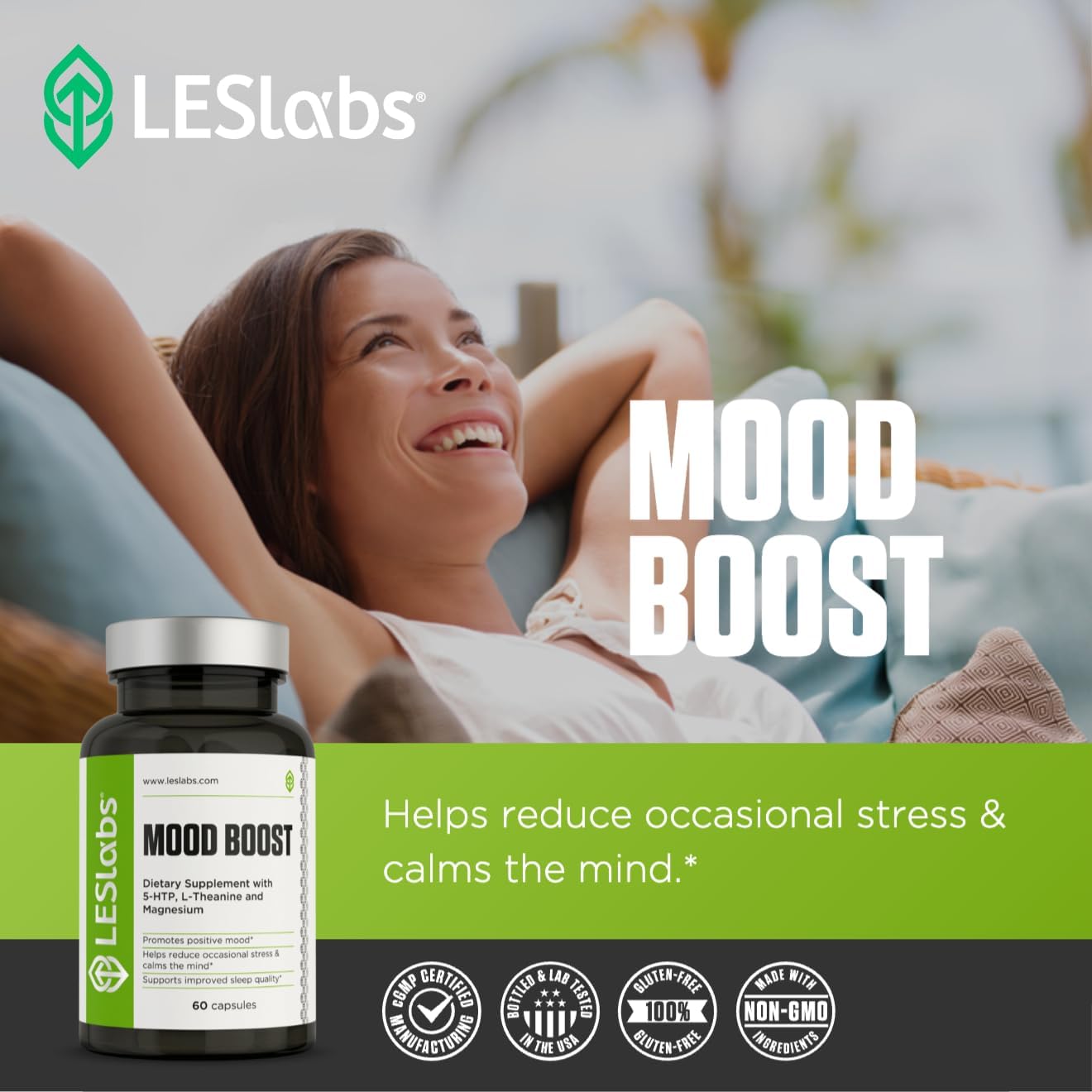 LES Labs Mood Boost 5-HTP,  Magnesium, L-Theanine  60 Capsules