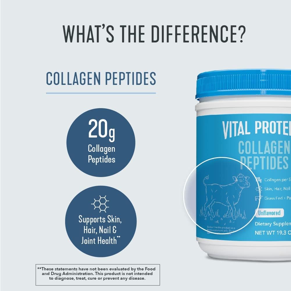 Vital Proteins Collagen Peptides Powder, Promotes Hair, Nail, Skin, Bone and Joint Health, Zero Sugar, Unflavored 19.3 OZ