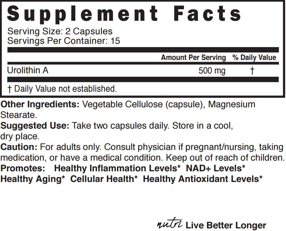 Nutri Urolithin A Supplement 500mg - Powerful NAD+ Boost, Antioxidant, Cell Repair - 3rd Party Tested  30 count