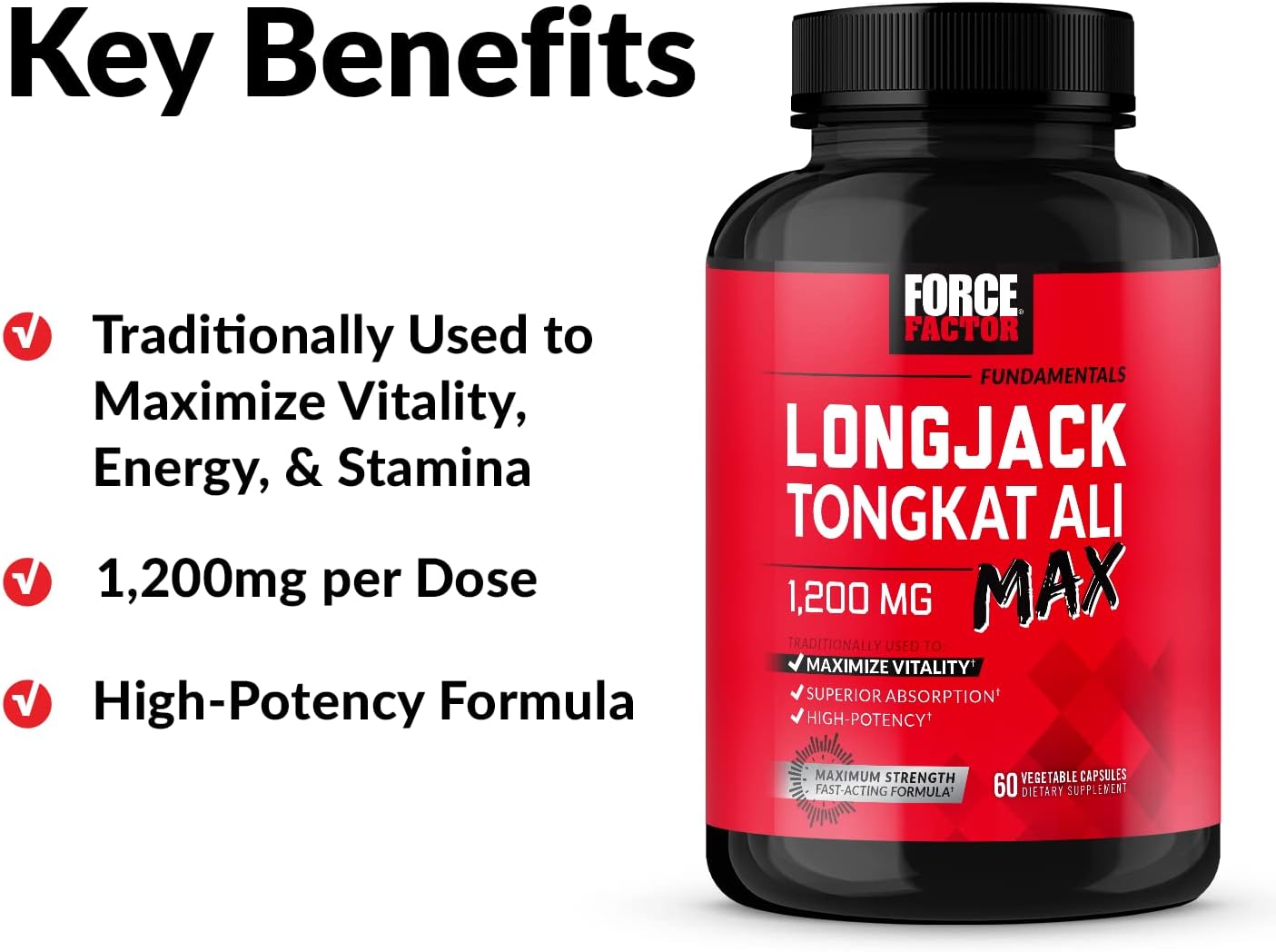 Force Factor Longjack Tongkat Ali Max for Men, Male Stamina  60 count