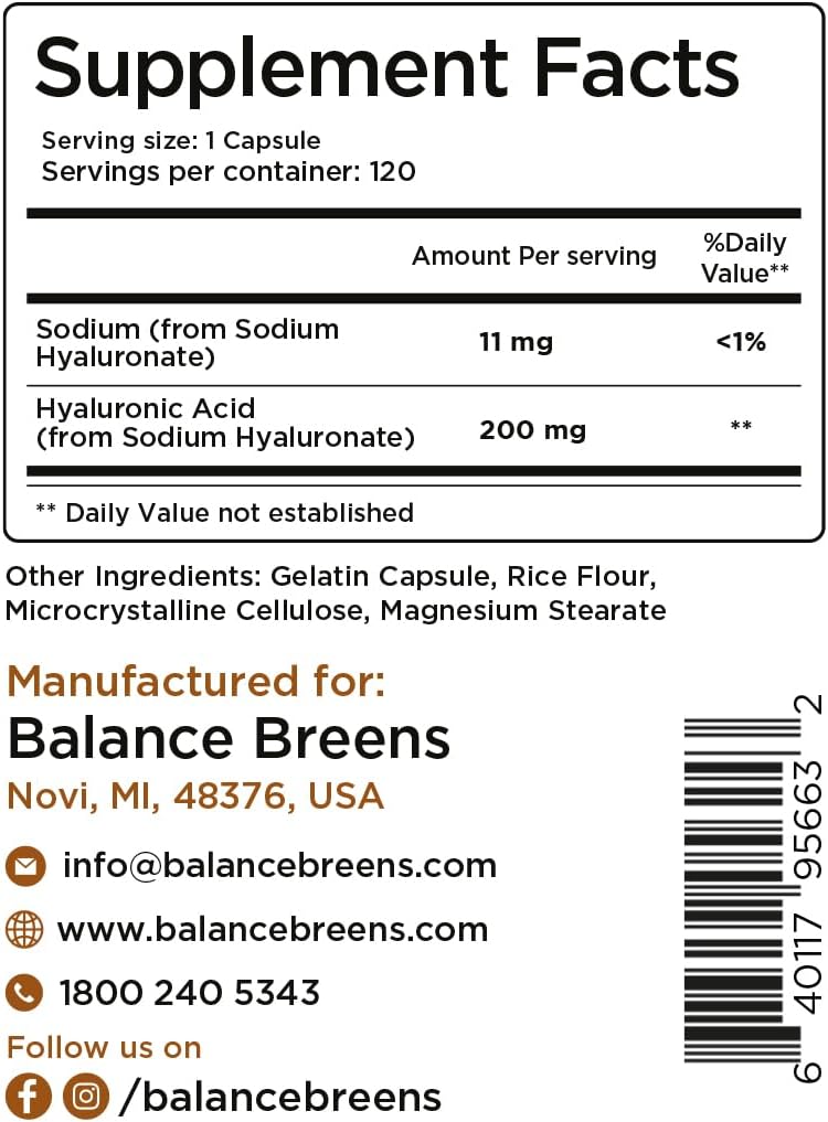 Hyaluronic Acid Skin Supplement 200mg Per Capsule, 120 Capsules