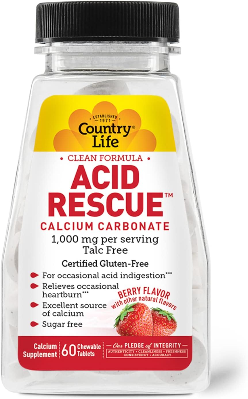 Country Life Acid Rescue Calcium Carbonate 60 Chewable Berry Flavor Tablets