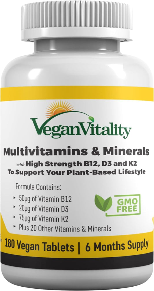 Vegan Multivitamins & Minerals High Strength Vitamin B12, D3 & K2. 180 count