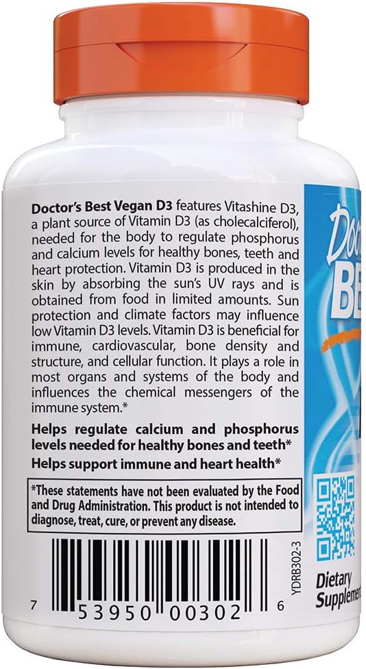 Doctor's Best Vitamin D3 2500IU with Vitashine D3, Non-GMO, Vegan, Gluten & Soy Free, Regulates Immune Function, Supports Healthy Bones, 60 Count