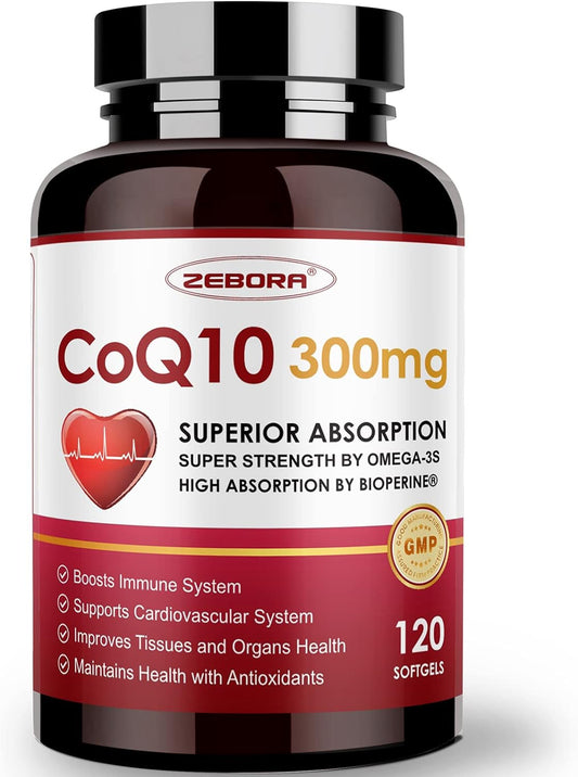 ZEBORA CoQ10-300mg- with  BioPerine & Omega-3, 120 softgels