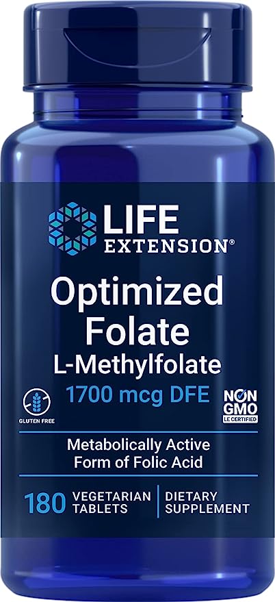 Life Extension Optimized Folate, L-Methylfolate 5-MTHF 180 Veg Tablets.