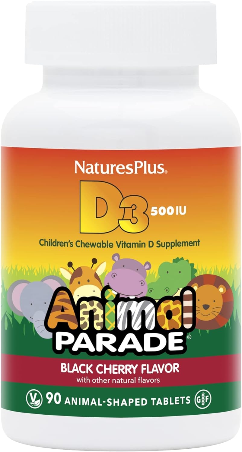 NaturesPlus Animal Parade Vitamin D3 Children’s Chewables - Black Cherry Flavor - 90 Animal-Shaped Tablets