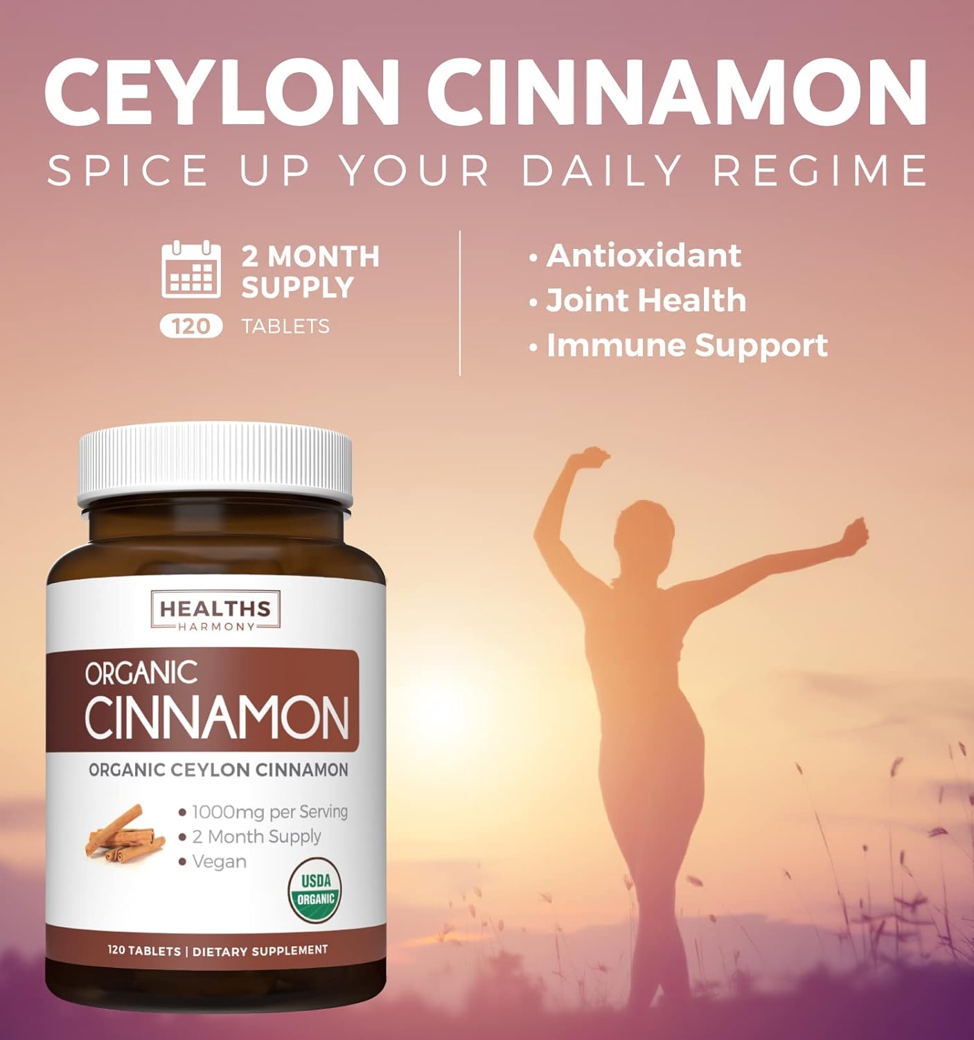 USDA Organic Ceylon Cinnamon 1000mg Cinnamon Quill Powder -120 tablets