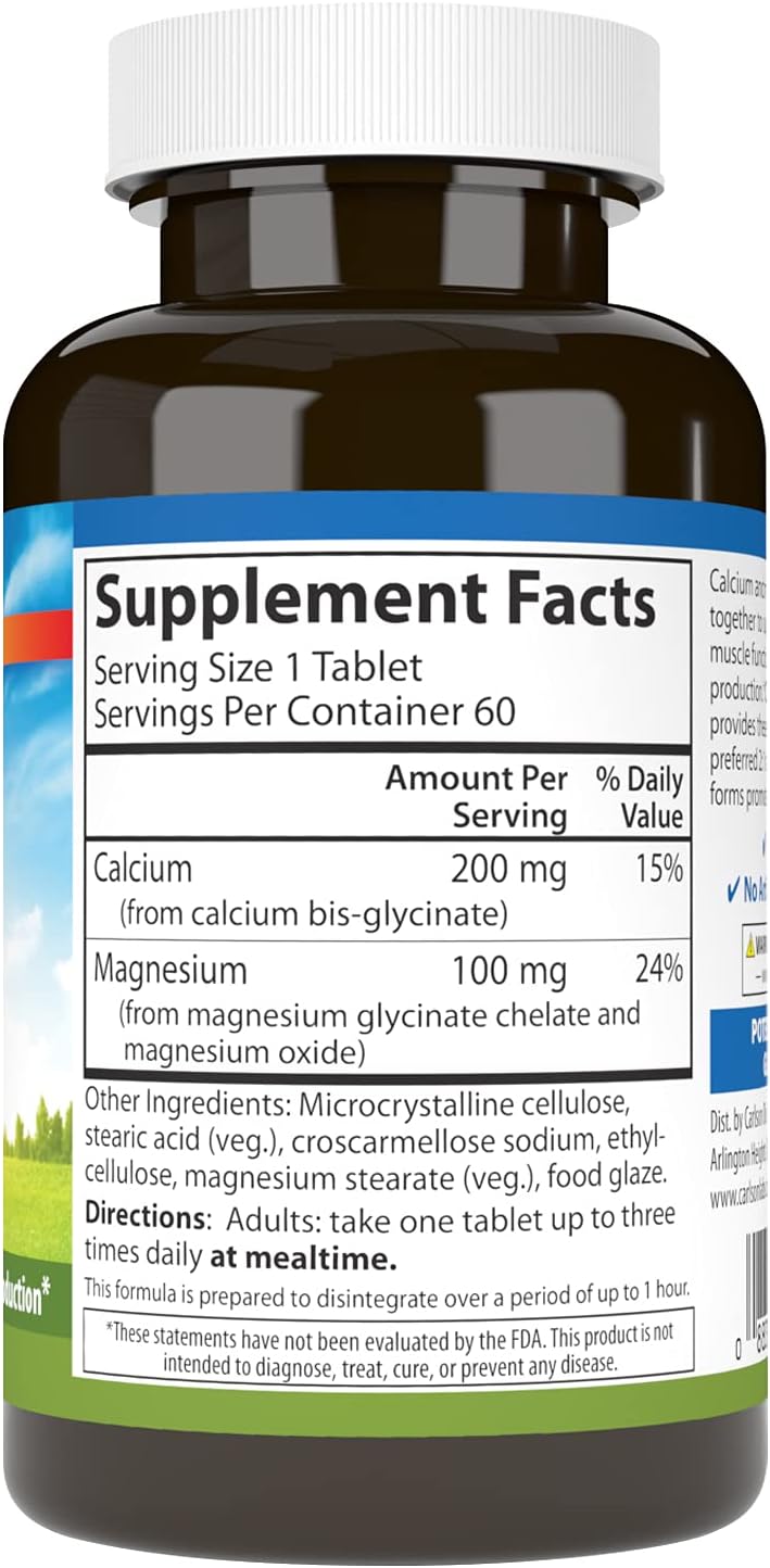 Carlson - Chelated Cal-Mag, 2:1 Calcium to Magnesium Ratio, Bone Support, Muscle Function & Energy Production, 60 Tablets