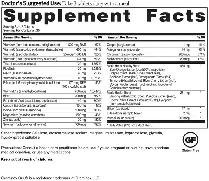 Dr. Sinatra Heart Healthy Multivitamin for Men with Vitamin D 1000 IU, A, B12, C, E, and Zinc, 90 Tablets