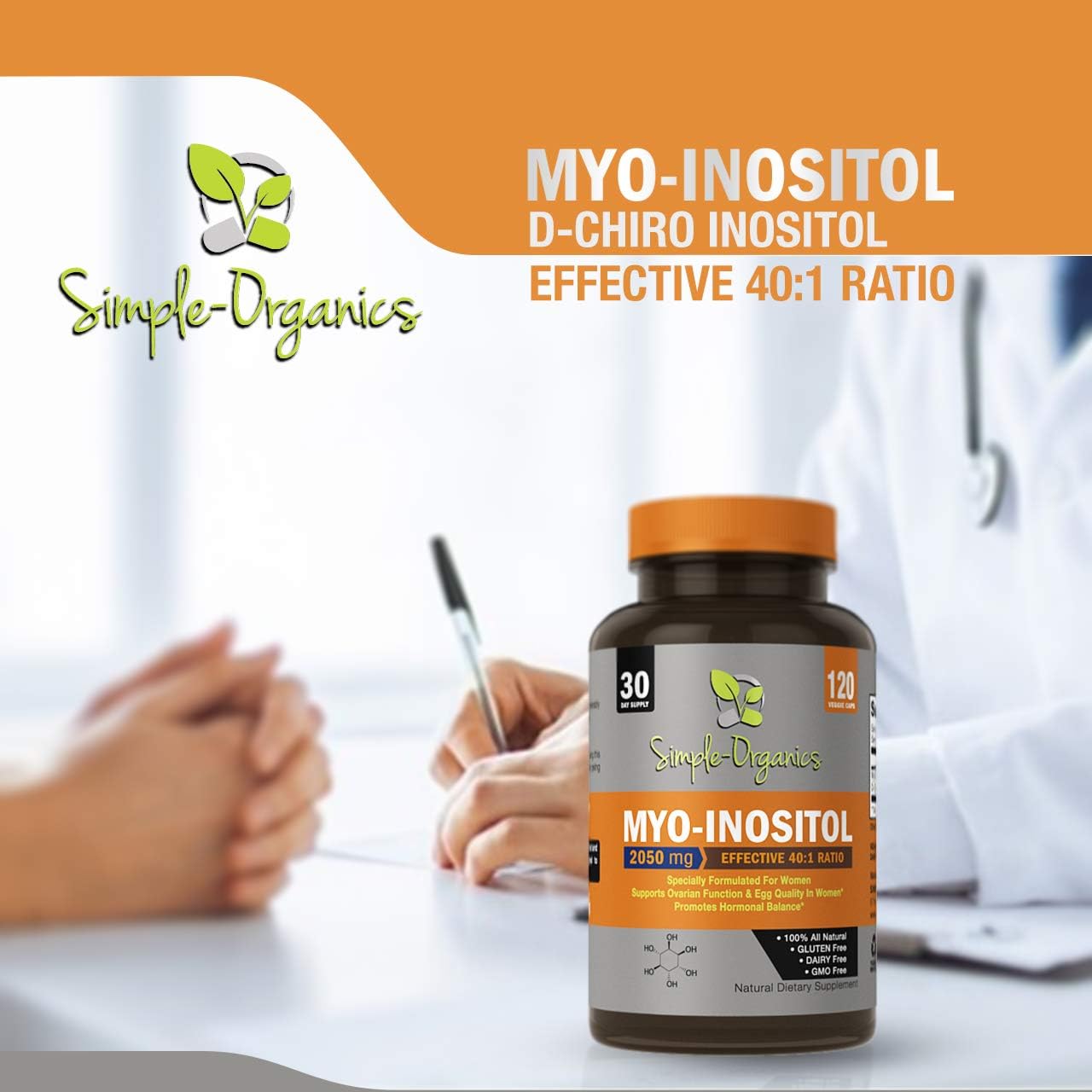 Myo Inositol Supplement, with D-Chiro Inositol,120 capsules