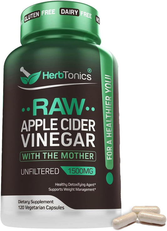 Herbtonics Raw Apple Cider Vinegar Capsules, 1500mg Detox Support , 90 Caps