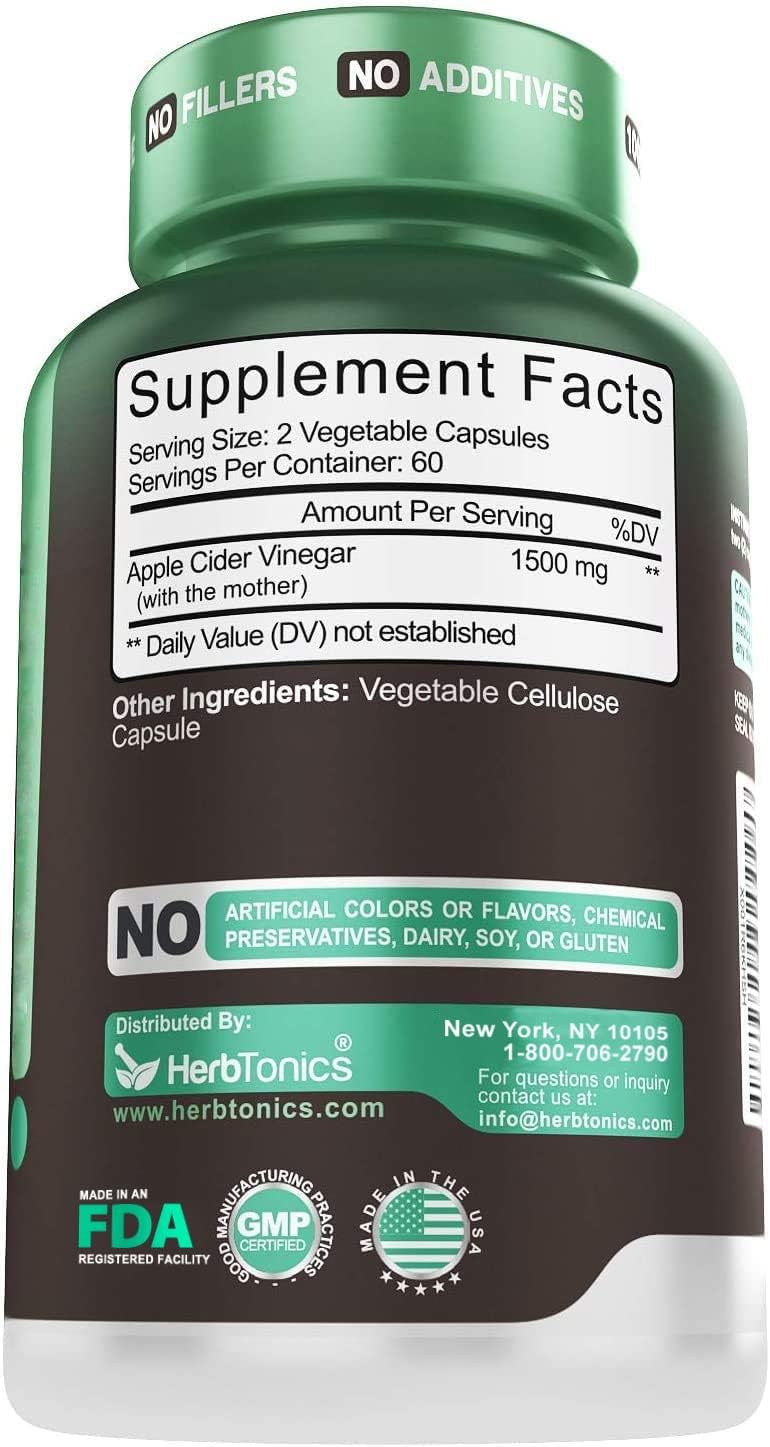 Herbtonics Raw Apple Cider Vinegar Capsules, 1500mg Detox Support , 90 Caps