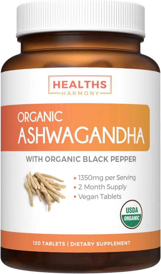 USDA Organic Ashwagandha (120 Vegetarian Tablets) 1350mg Ashwaganda Root Powder