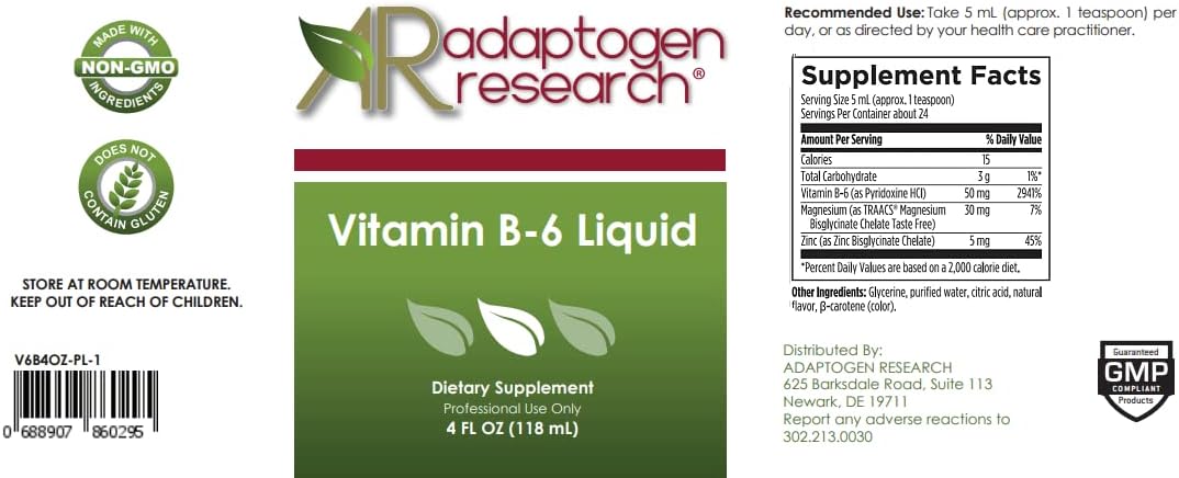 Vitamin B6 Liquid 50mg with Magnesium + Zinc  Adaptogen Research  4 Fluidoz