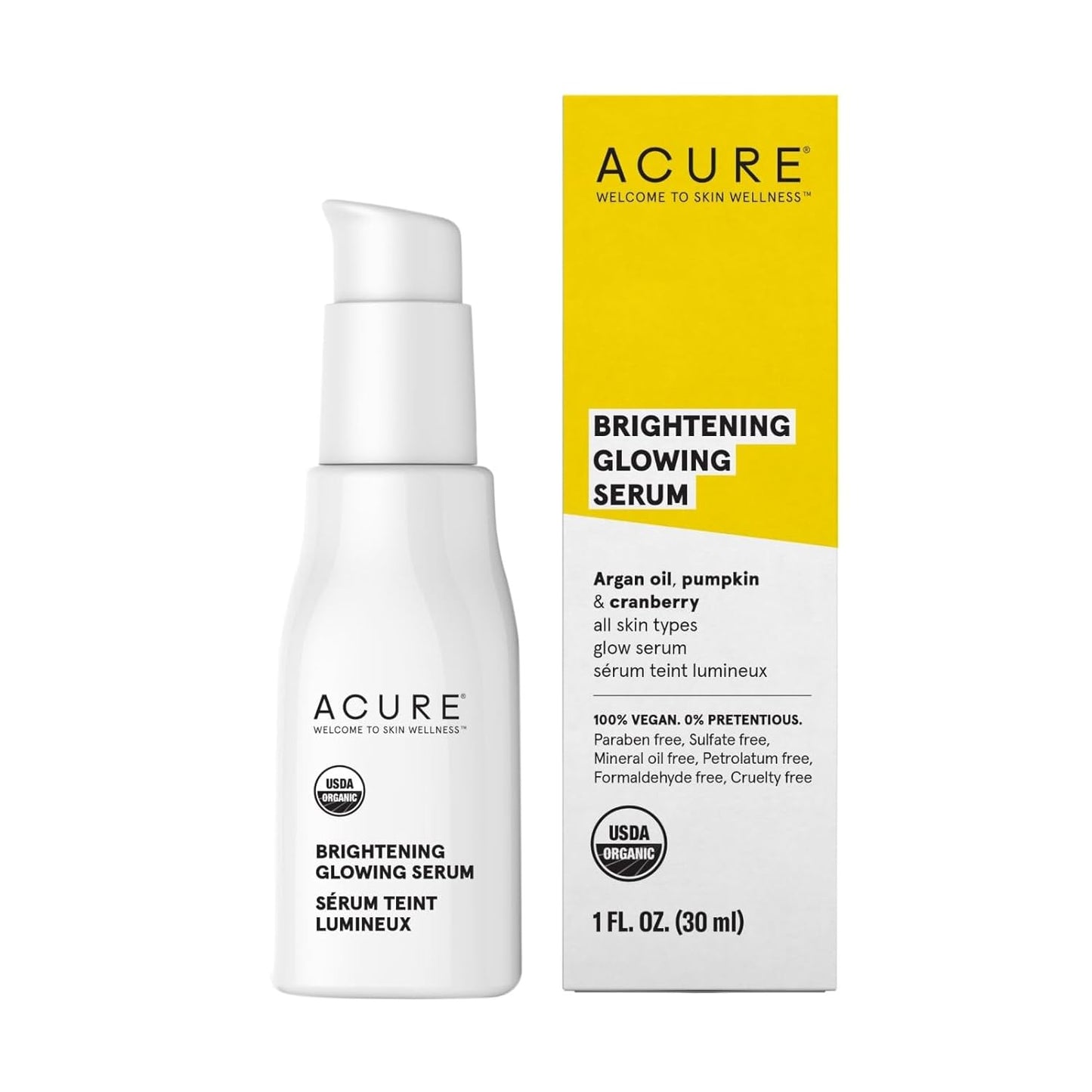 Acure Brightening Glowing Serum Revitalize & Hydrate Face & Neck - Argan Oil