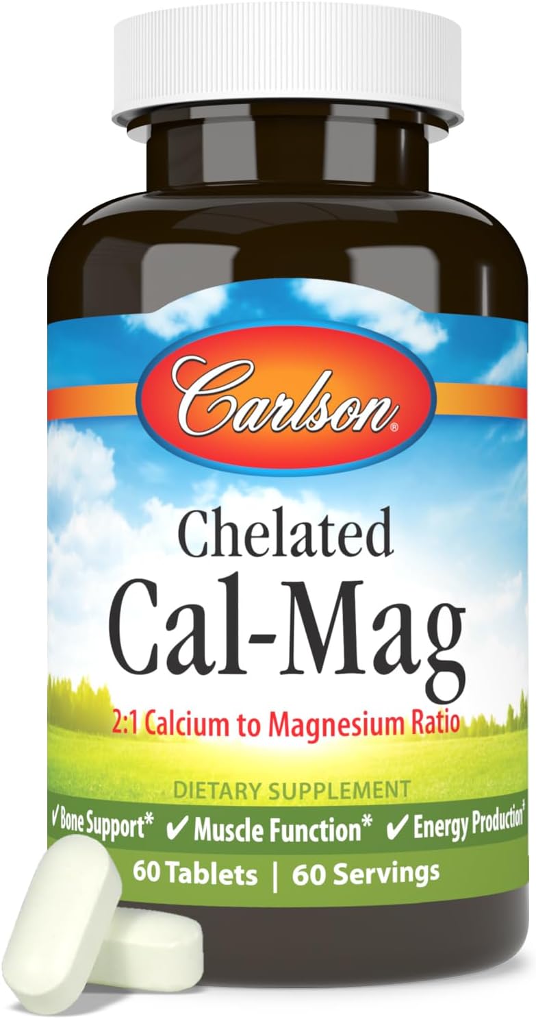 Carlson - Chelated Cal-Mag, 2:1 Calcium to Magnesium Ratio, Bone Support, Muscle Function & Energy Production, 60 Tablets