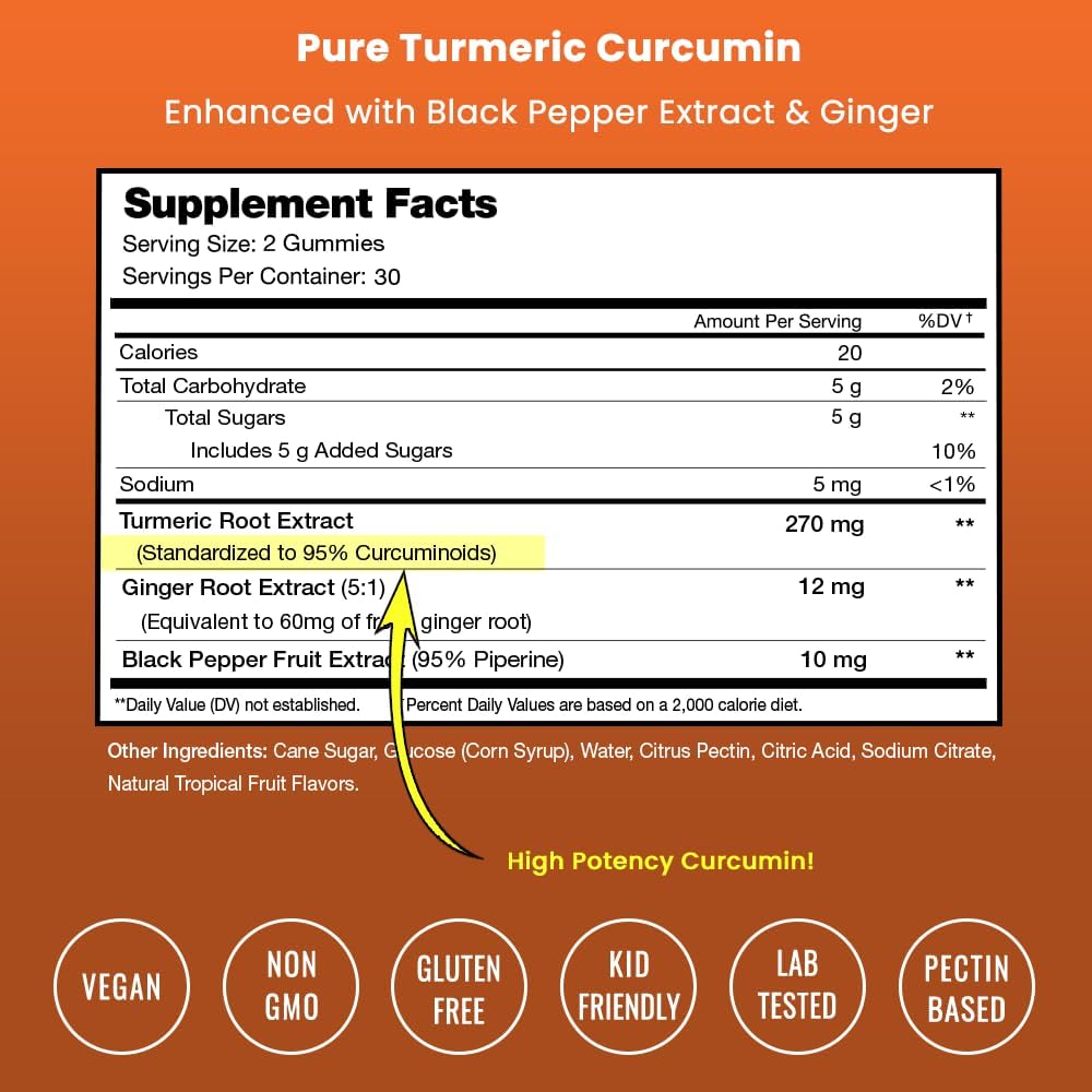 Turmeric Gummies for Adults & Kids with Ginger & Black Pepper Extract 60 gummies