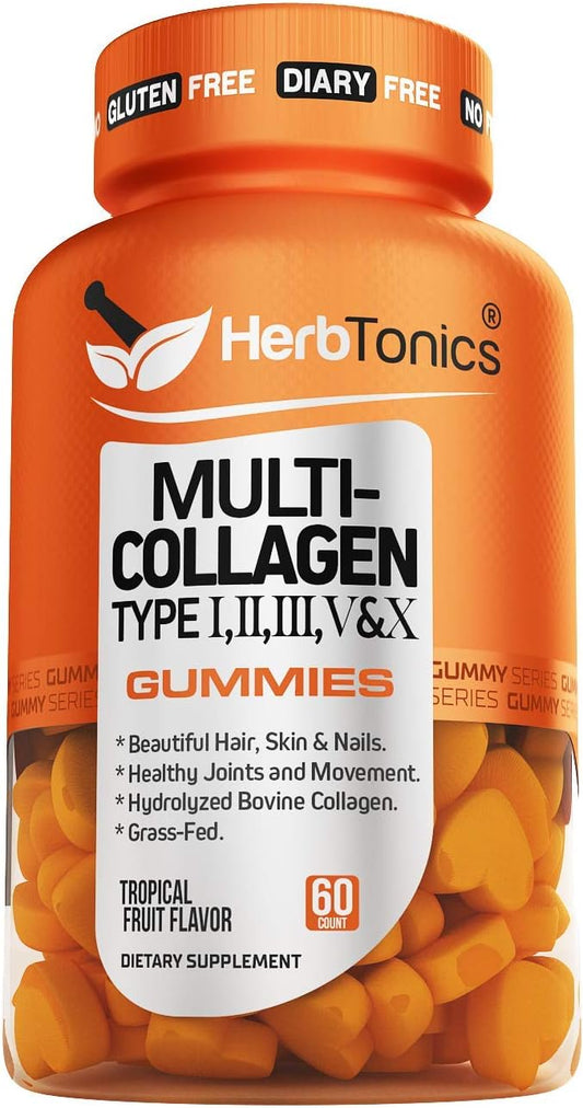 Herbtonics Multi Collagen Gummies Type 1,2,3,5 & 10 with Biotin for Hair Growth, Skin, Nails,60 count