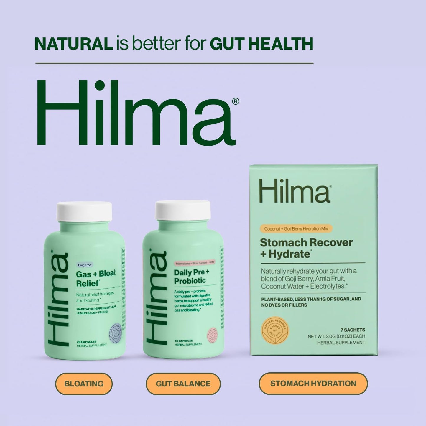 Hilma Daily Pre + Probiotic + Herbs - Support a Healthy Gut While Reducing Gas 60 capsules