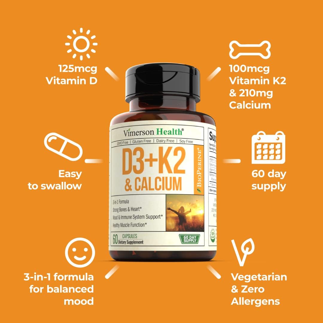 Vitamin D3, K2 Calcium Supplement with BioPerine for Immune & Bone Health - 60 Capsules