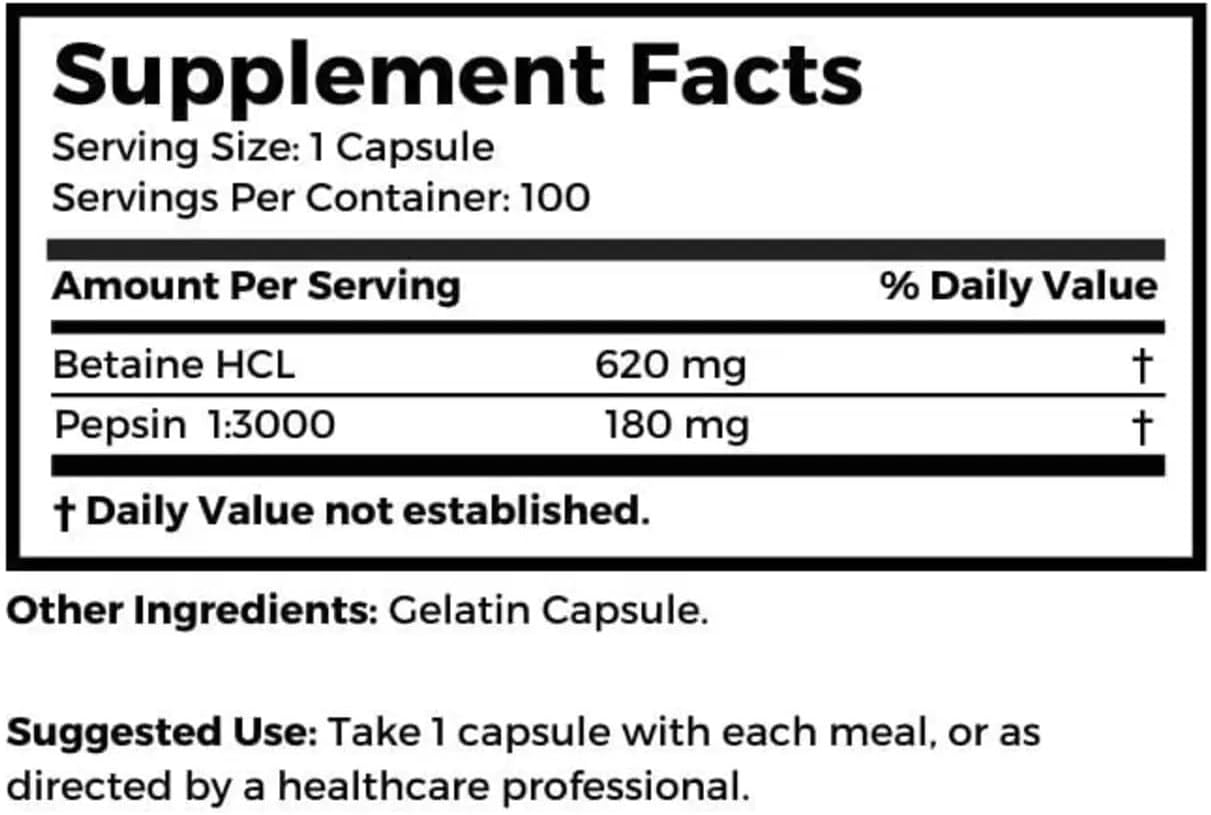 Dr. Clark Betaine HCL Supplement with Pepsin, 800mg, 100 Gelatin Capsules