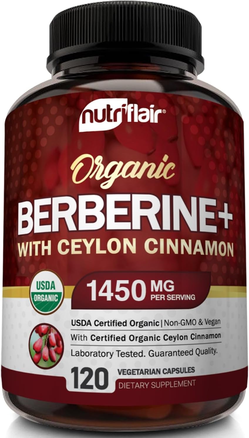 NutriFlair Organic Berberine with Ceylon Cinnamon 1450mg, 120 Capsules