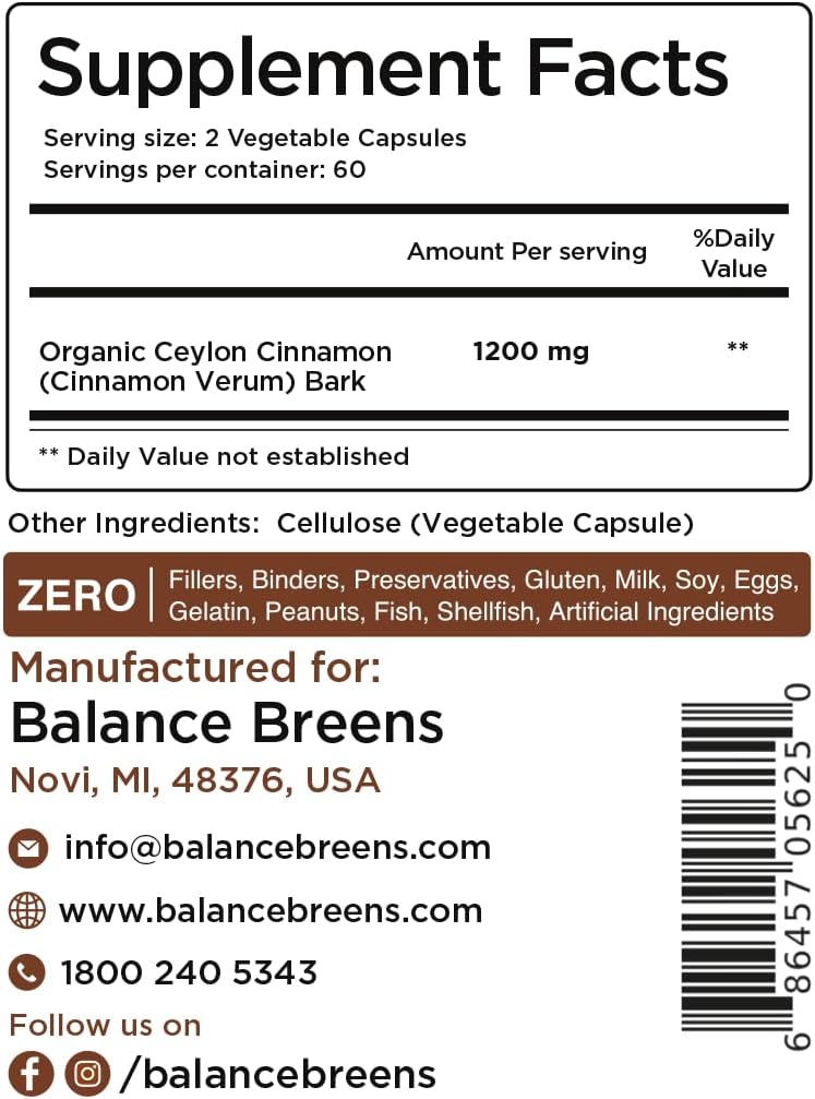 Organic Ceylon Cinnamon  Supplement - 120 Veg Capsules -